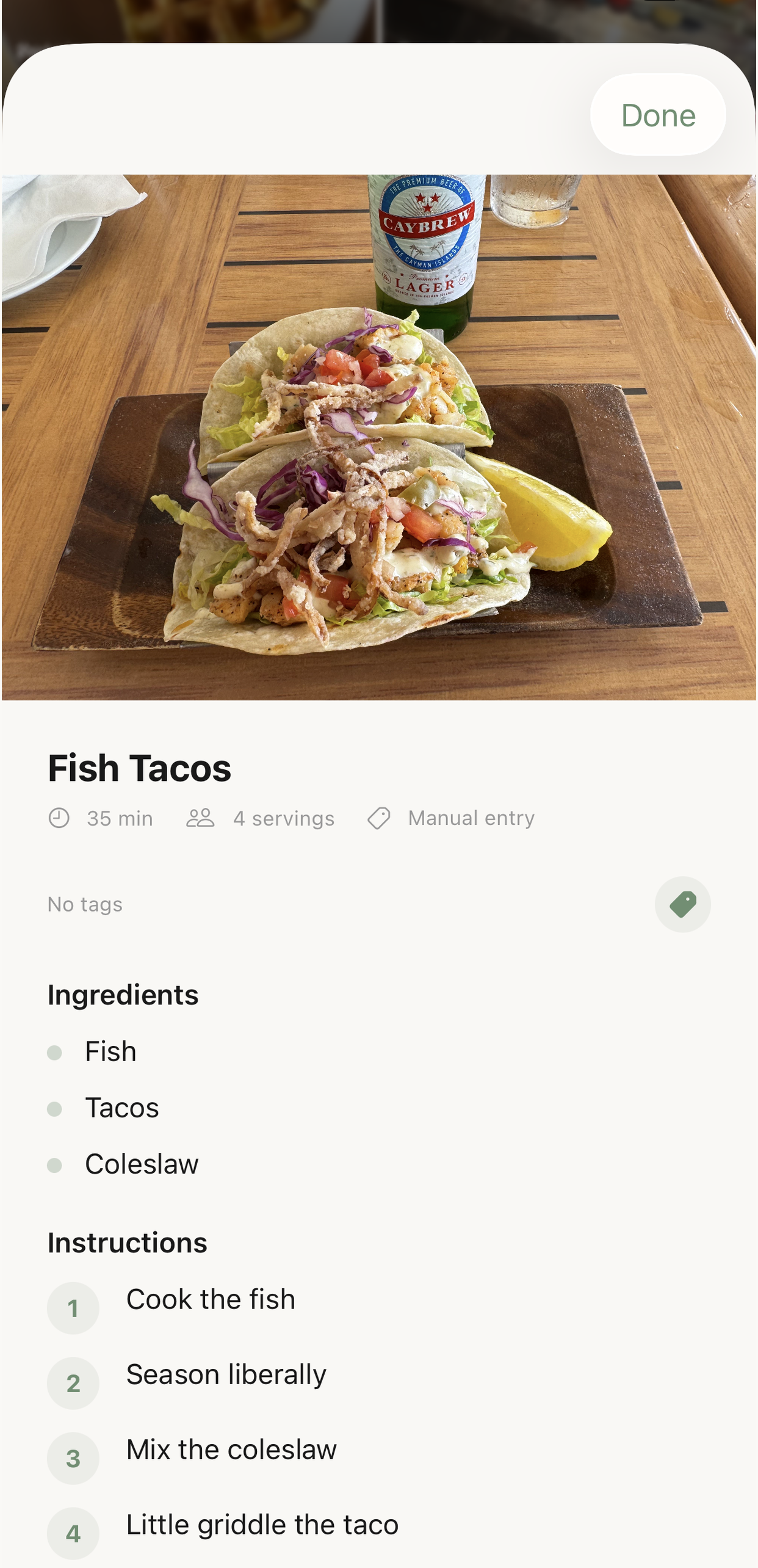 Recipe detail view with ingredients and instructions